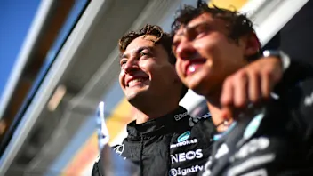 George Russell and Kimi Antonelli pose after sealing first and third place in Canada